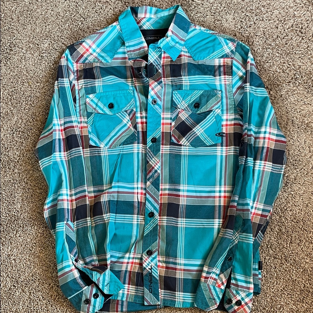 O'Neill Turquoise and Navy Plaid Shirt